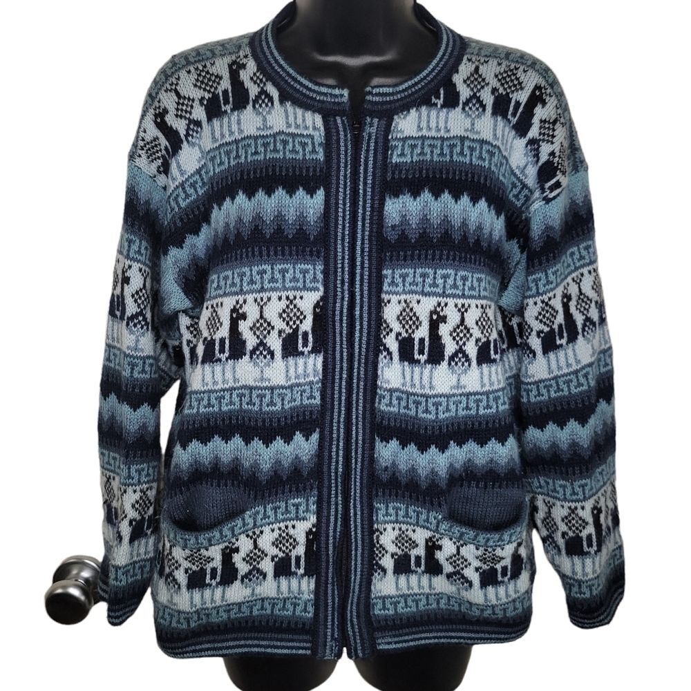 Archoi's Sweater Peruvian Alpaca Print Wool Full zip cardigan sweater medium